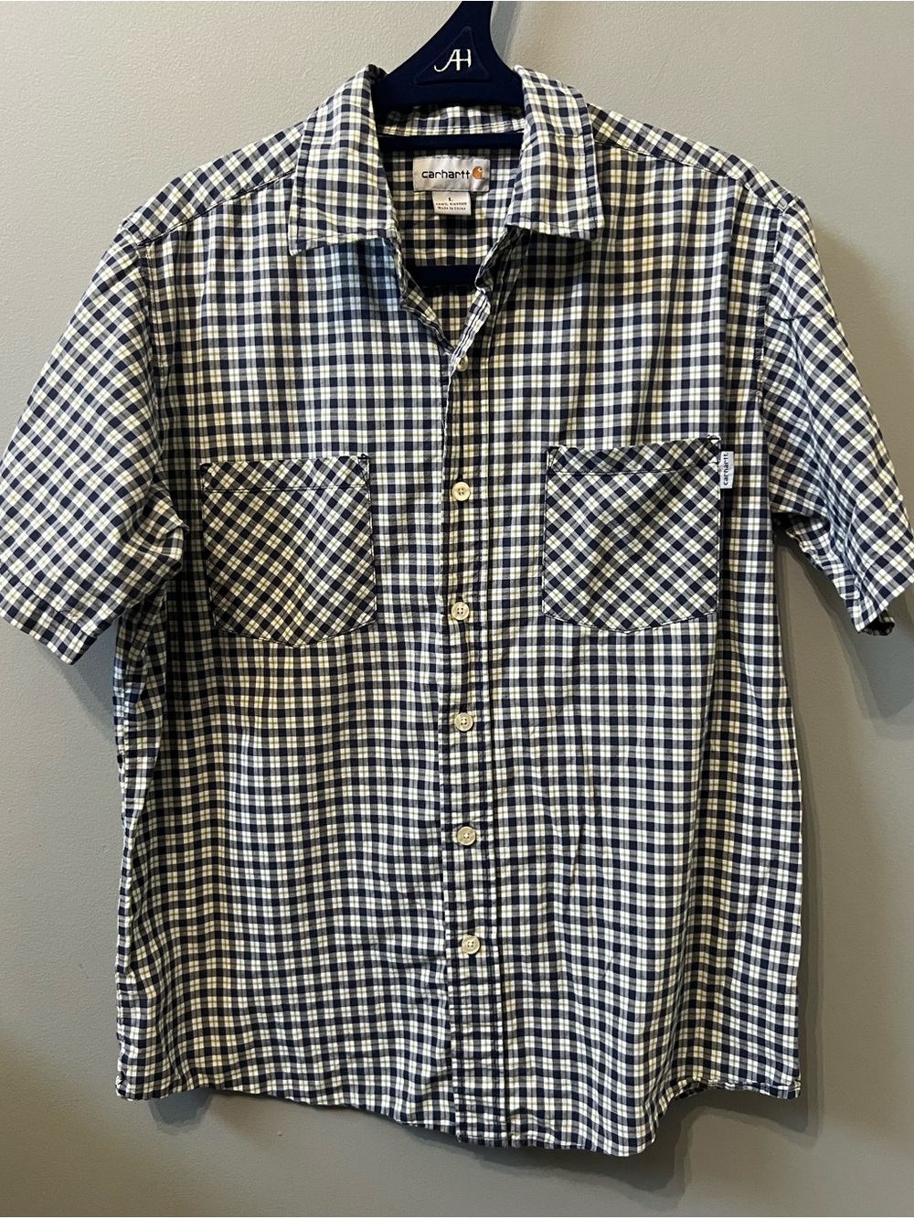 Carhartt Men's Short Sleeve Navy and White Check Button-Up Shirt
